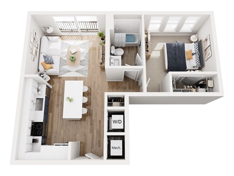 Floor plan for 1 bed, 1 bath, 691 sqft
